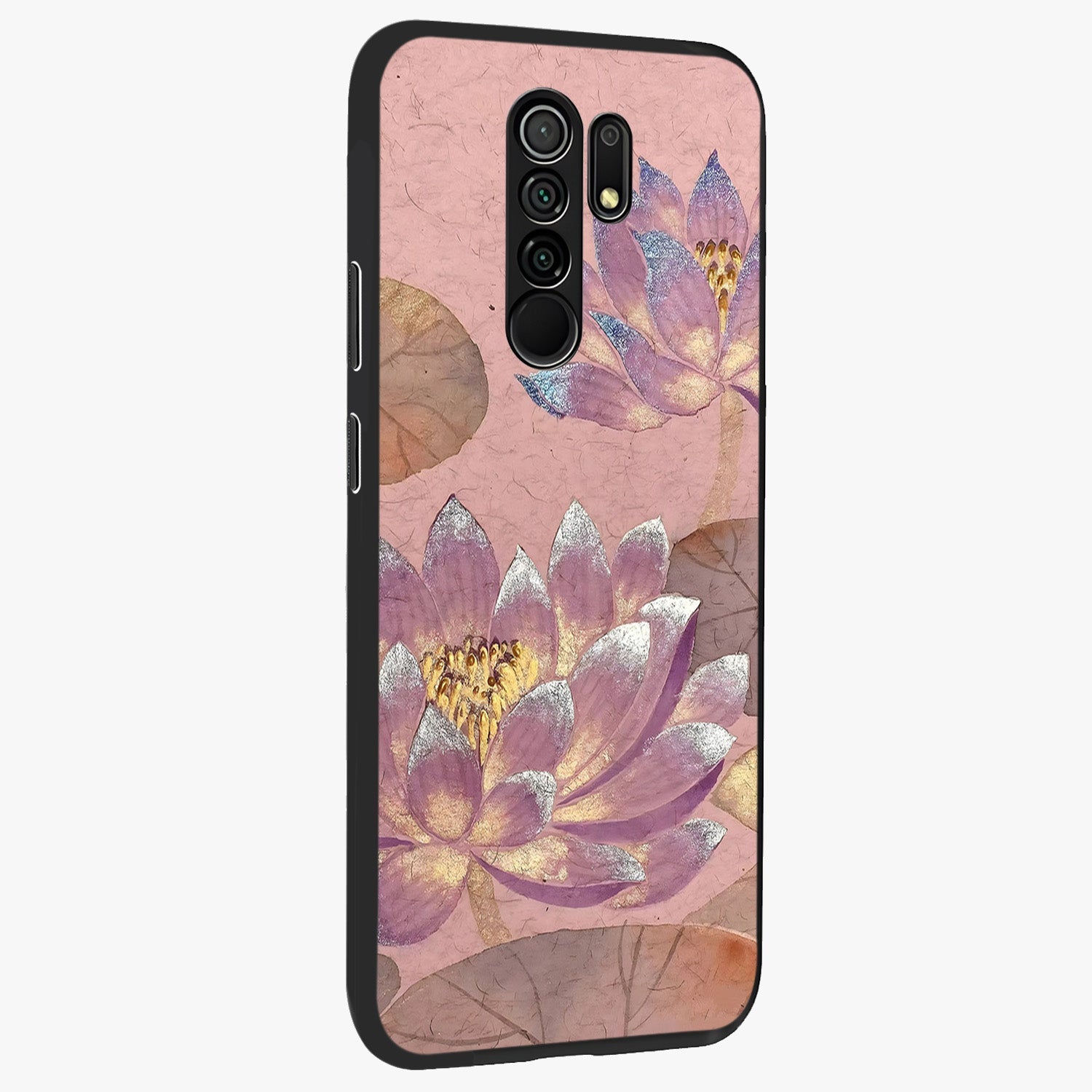 Blossom Mist Lotus Glass Case upright view showcasing graceful lotus flower design with peaceful botanical style.