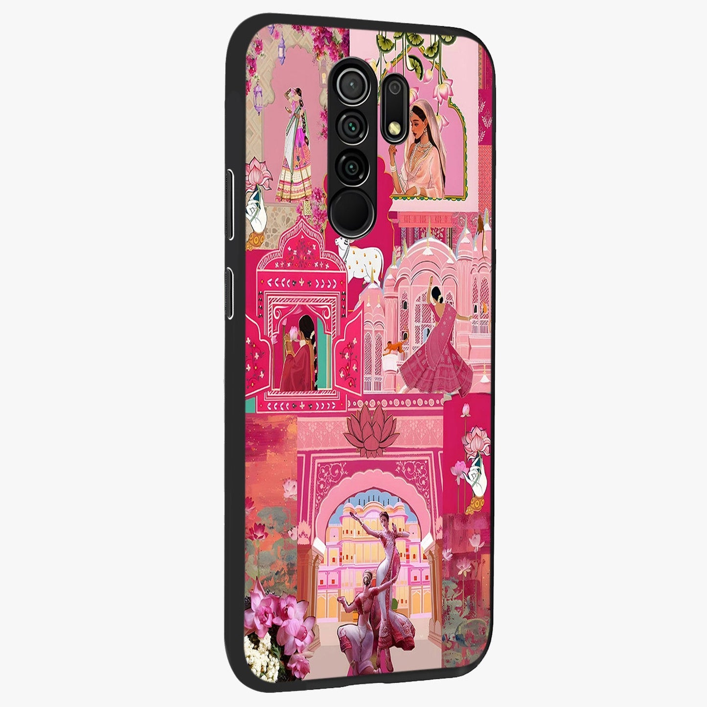 Blossoms of Rajasthan Glass Case upright view showcasing colorful floral design inspired by traditional Indian art.