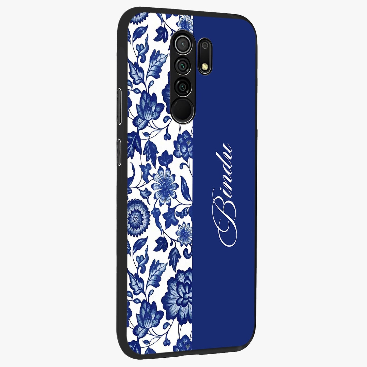 Blue Vintage Floral Pattern Glass Case upright view showcasing delicate blush floral texture with modern minimal style.