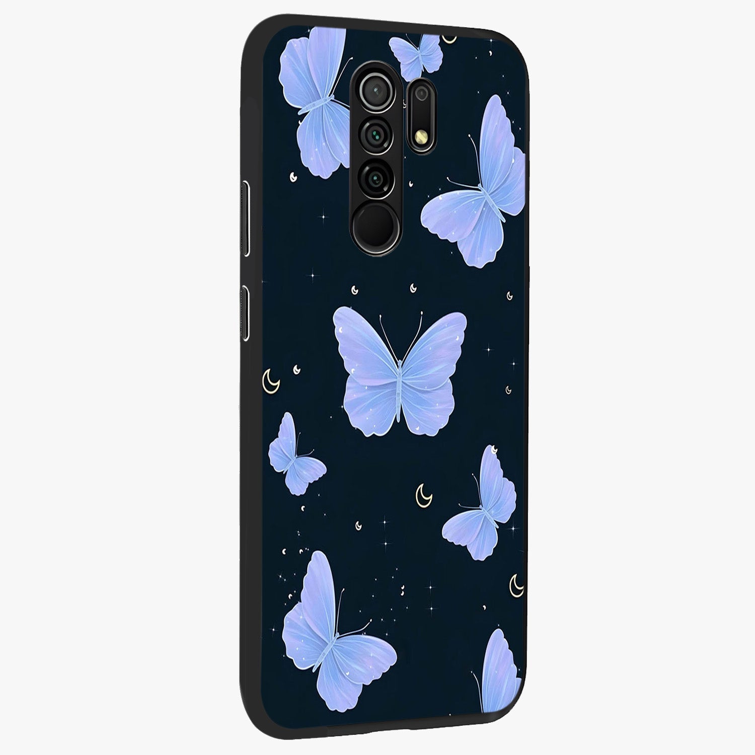 Butterfly With Stars Pattern Glass Case upright view showcasing celestial butterfly artwork with sparkling star elements.