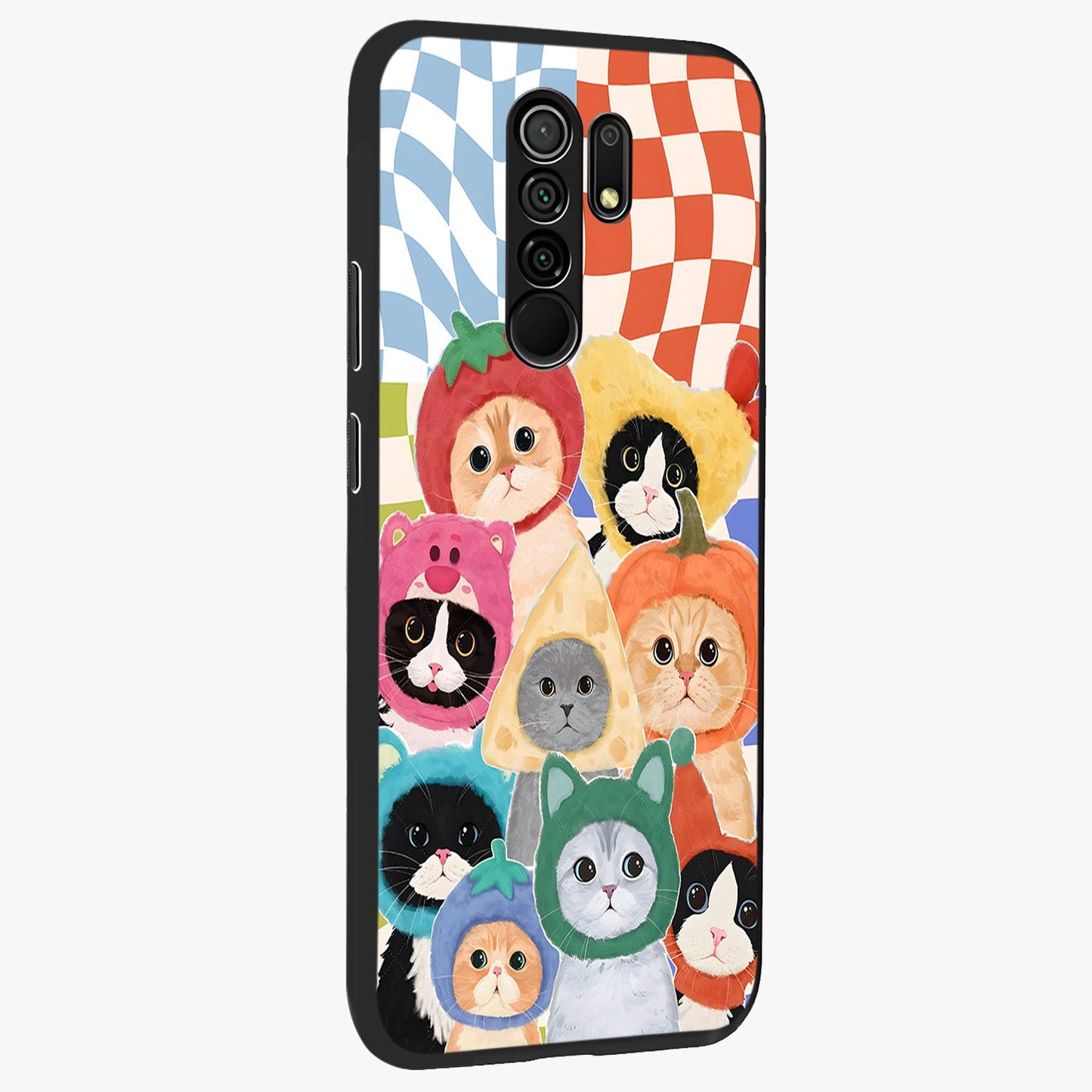 Cats in Fruits Glass Case upright view showcasing charming cat artwork with fun fruity theme.