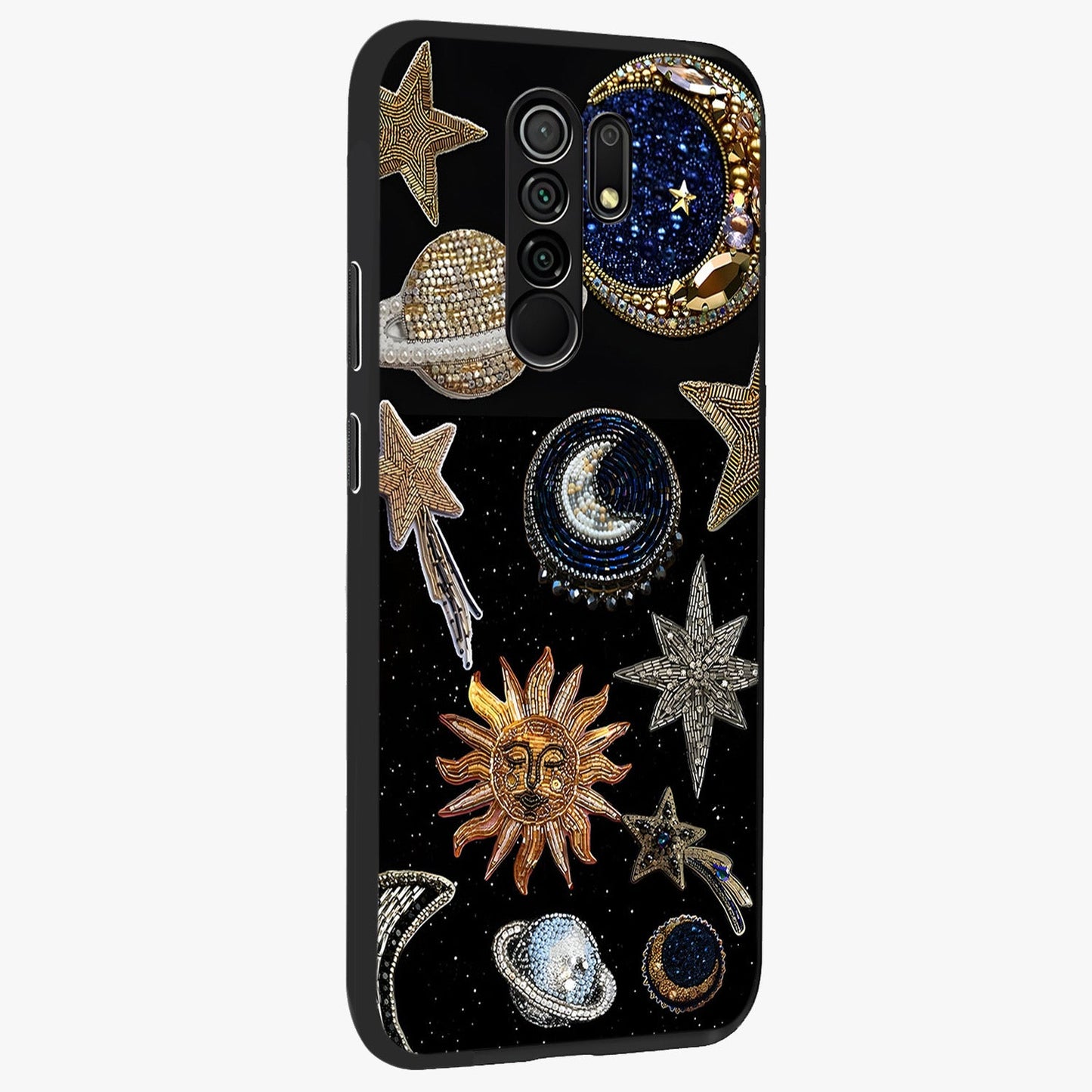 Celestial Gem Constellations Glass Case upright view showcasing cosmic constellation artwork with celestial aesthetic style.