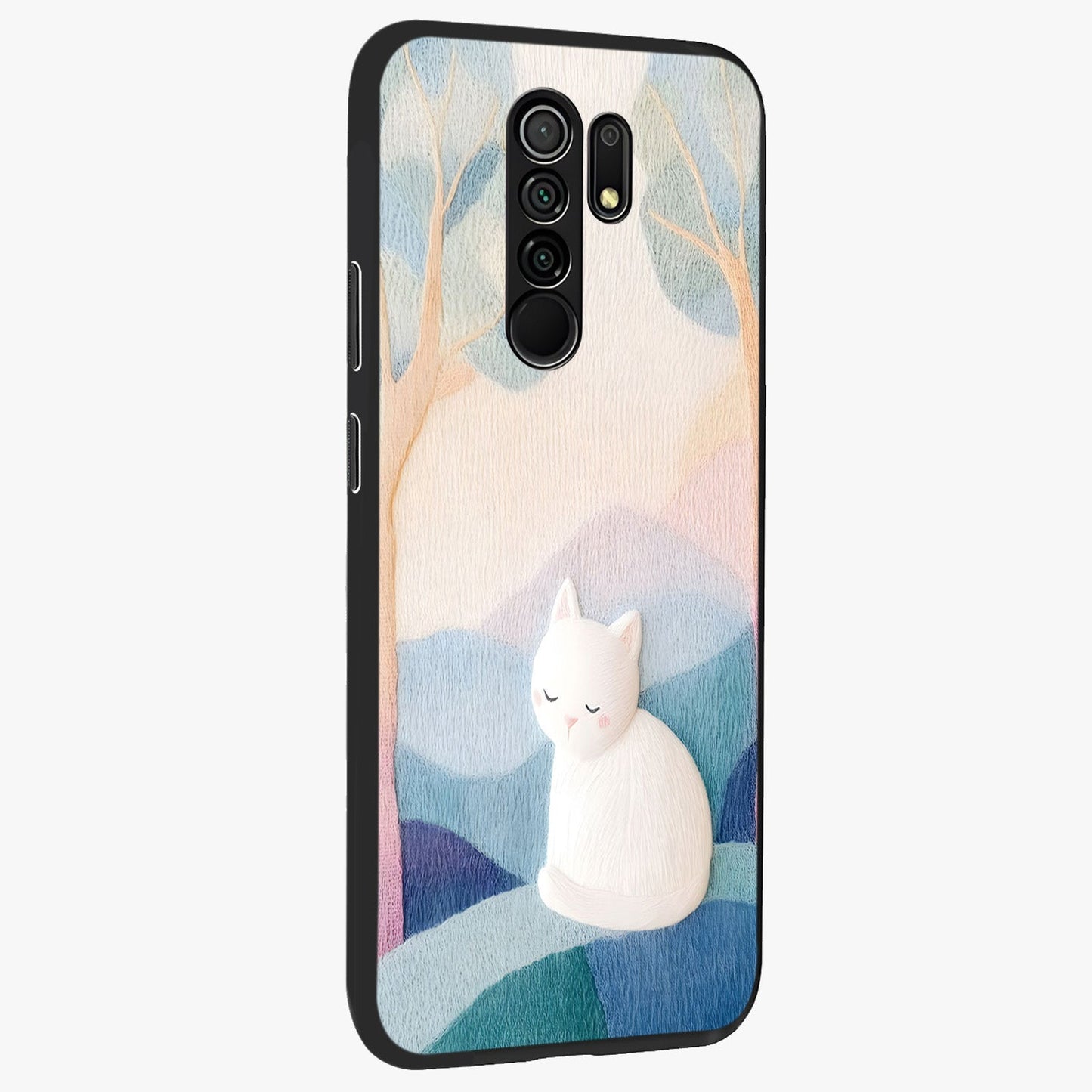 Cotton Dream Cat Glass Case upright view showcasing charming cat artwork with cozy dreamy theme.