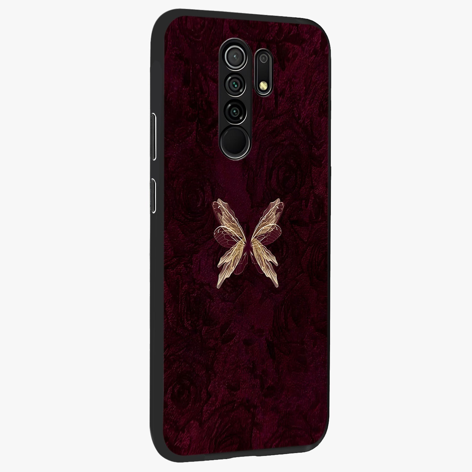 Crimson Fade Butterfly Glass Case upright view showcasing graceful butterfly artwork with soft crimson fade effect.