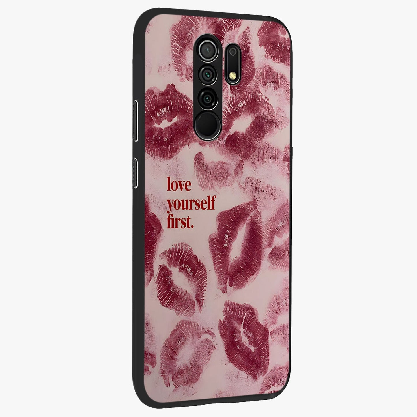 Crimson Kiss Love Glass Case upright view showcasing expressive romantic artwork with deep crimson theme.