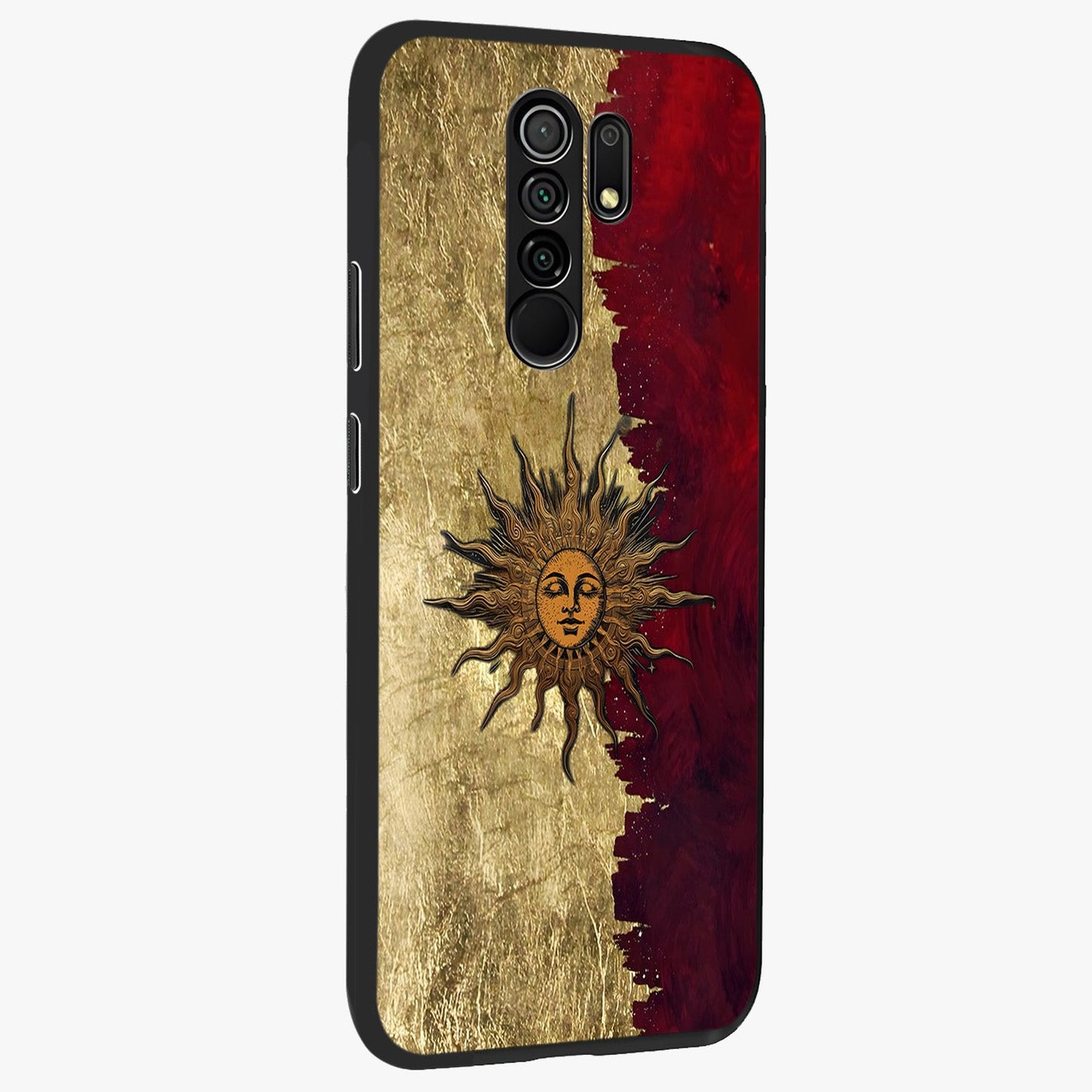Crimson Sun Majesty Glass Case upright view showcasing vibrant sun artwork with powerful celestial theme.