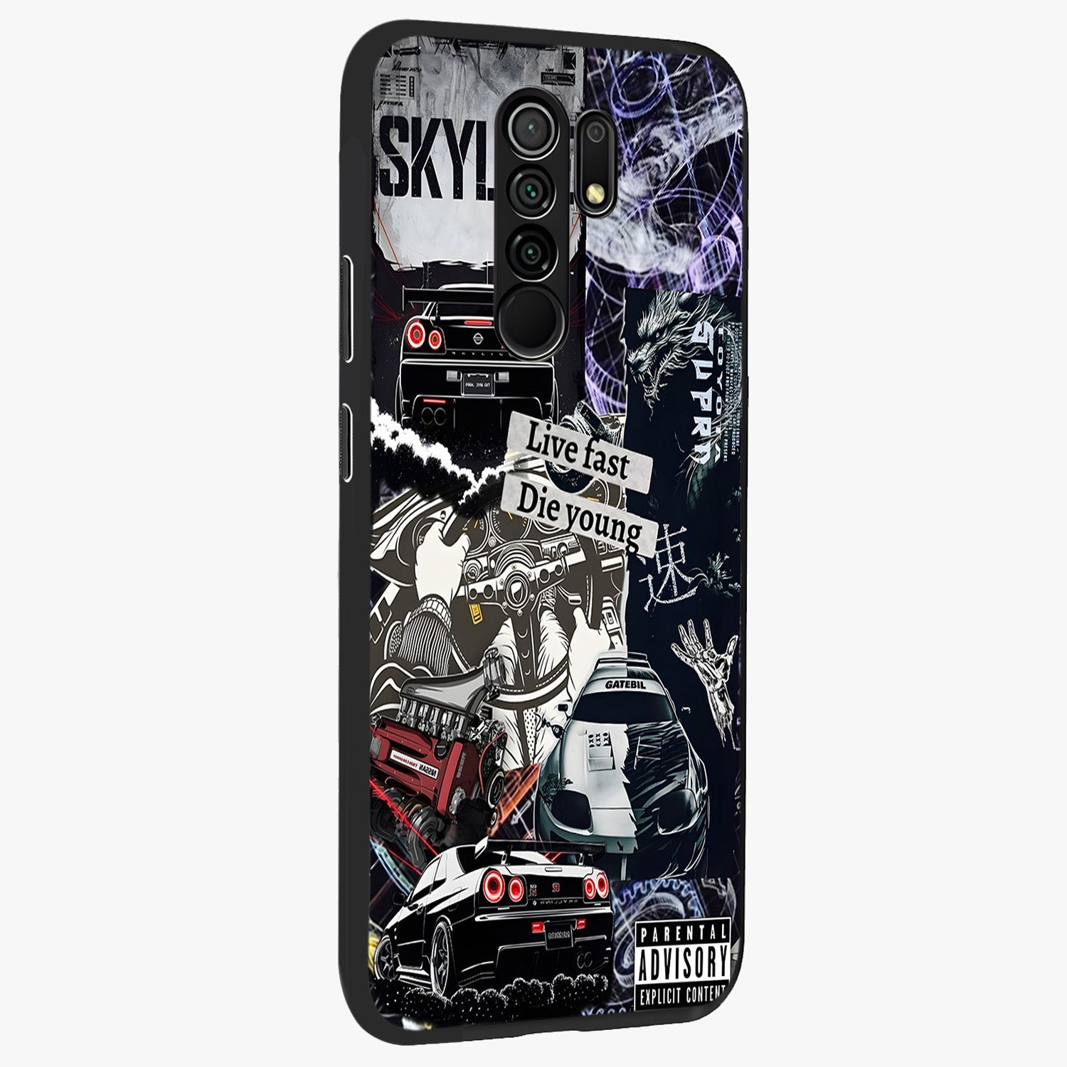 Die Young Glass Case upright view showcasing striking typography artwork with modern statement theme.