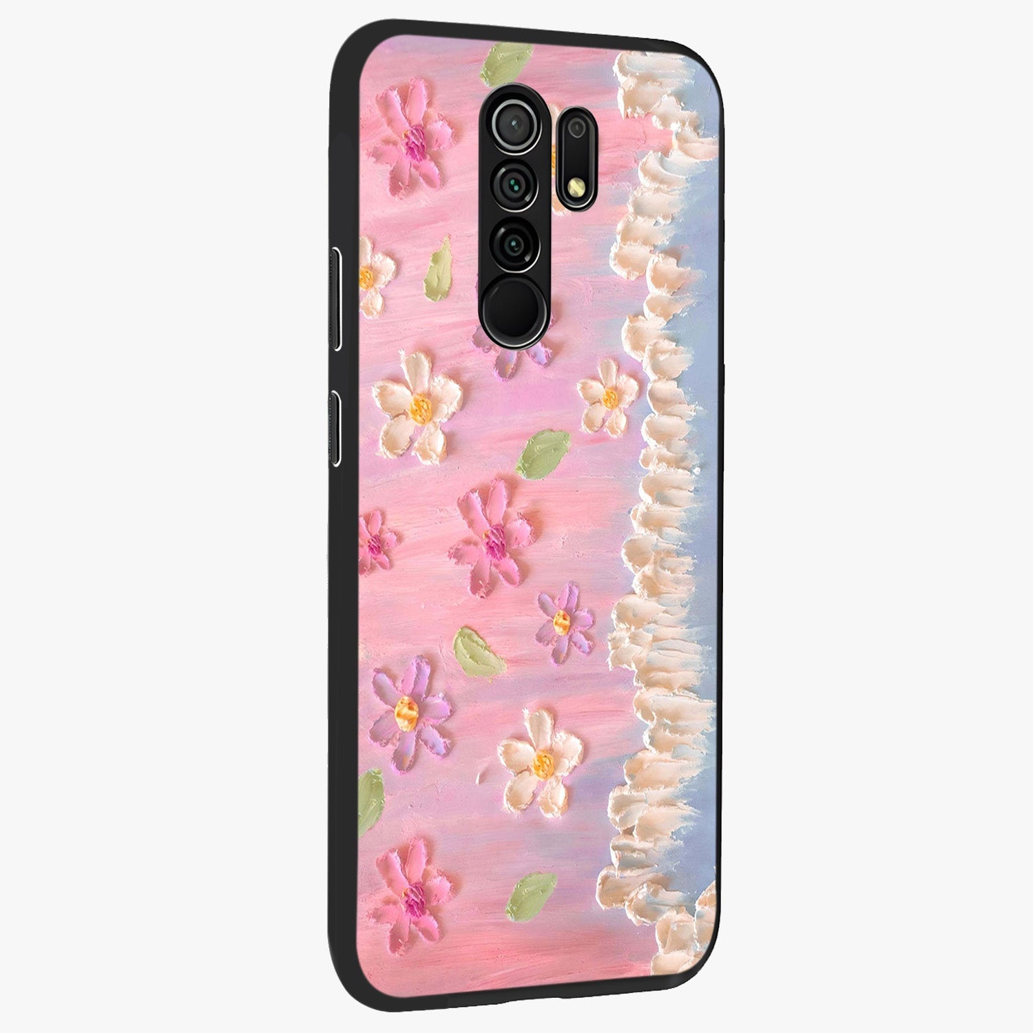 Dreamy Painted Garden Glass Case upright view showcasing vibrant floral garden artwork with artistic nature theme.