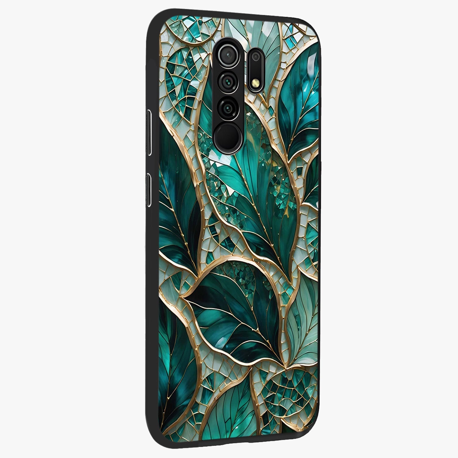 Emerald Leaf Glass Glass Case upright view showcasing fresh green leaf artwork with calming nature inspired style.