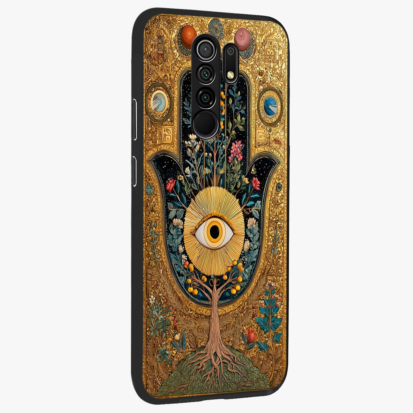 Ethereal Evil Eye Glass Case upright view showcasing celestial evil eye artwork with mystical theme.