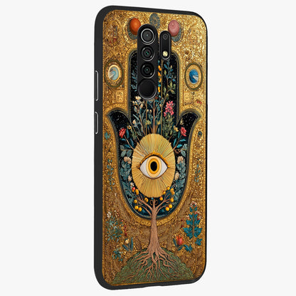 Ethereal Evil Eye Glass Case upright view showcasing celestial evil eye artwork with mystical theme.