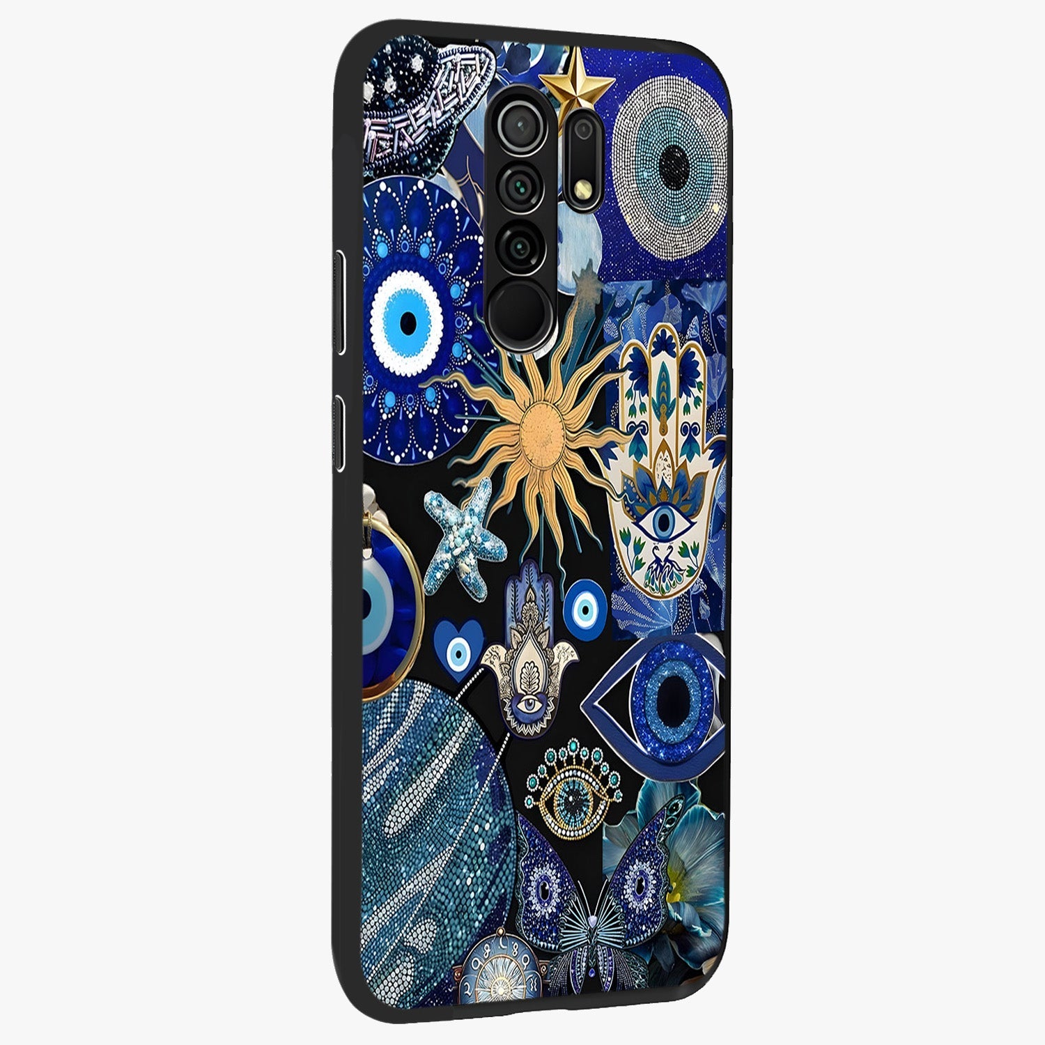 Evil Eye Charm Mix Glass Case upright view showcasing mystical evil eye pattern with vibrant decorative style.