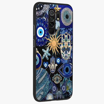 Evil Eye Charm Mix Glass Case upright view showcasing mystical evil eye pattern with vibrant decorative style.