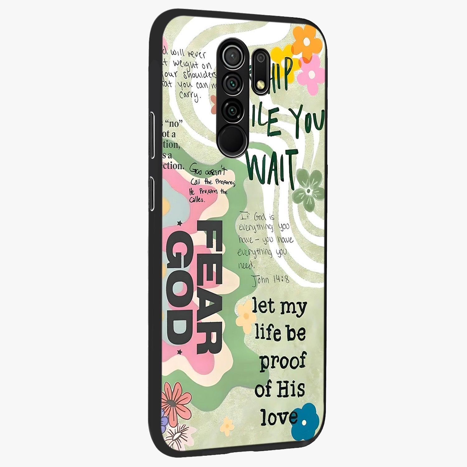 Faith Over Fear Glass Case upright view showcasing bold typography artwork with uplifting motivational theme.