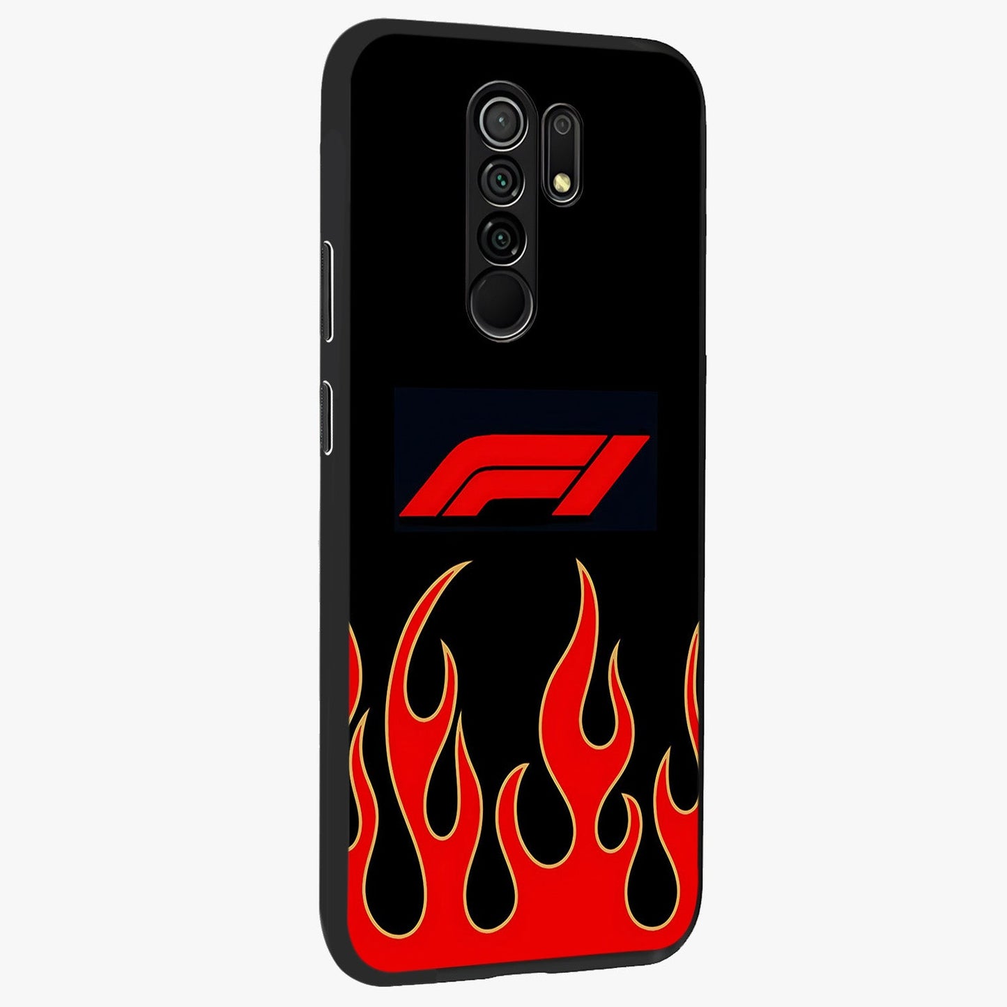 Fire F11 Glass Case upright view showcasing dynamic flame artwork with intense visual theme.