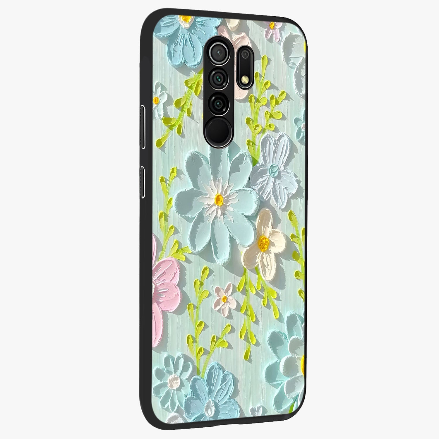 Frosted Petal Garden Glass Case upright view showcasing elegant floral garden artwork with soothing pastel theme.