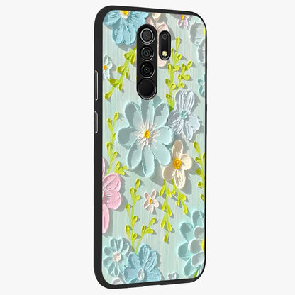 Frosted Petal Garden Glass Case upright view showcasing elegant floral garden artwork with soothing pastel theme.
