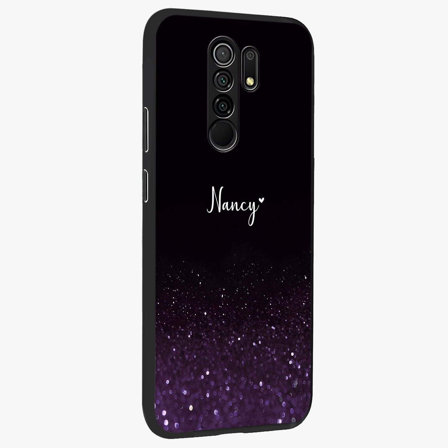 Glittery Purple Bokeh Custom Name Glass Case upright view showcasing vibrant purple sparkle artwork with personalized aesthetic style.