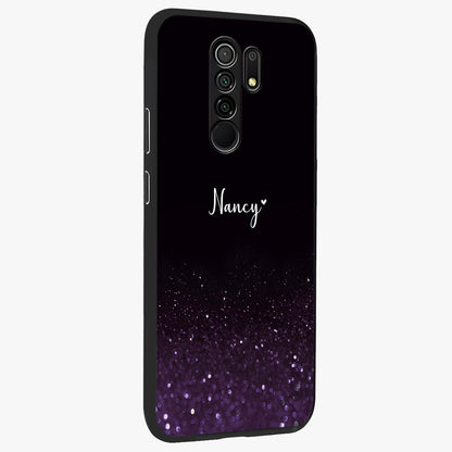 Glittery Purple Bokeh Custom Name Glass Case upright view showcasing vibrant purple sparkle artwork with personalized aesthetic style.