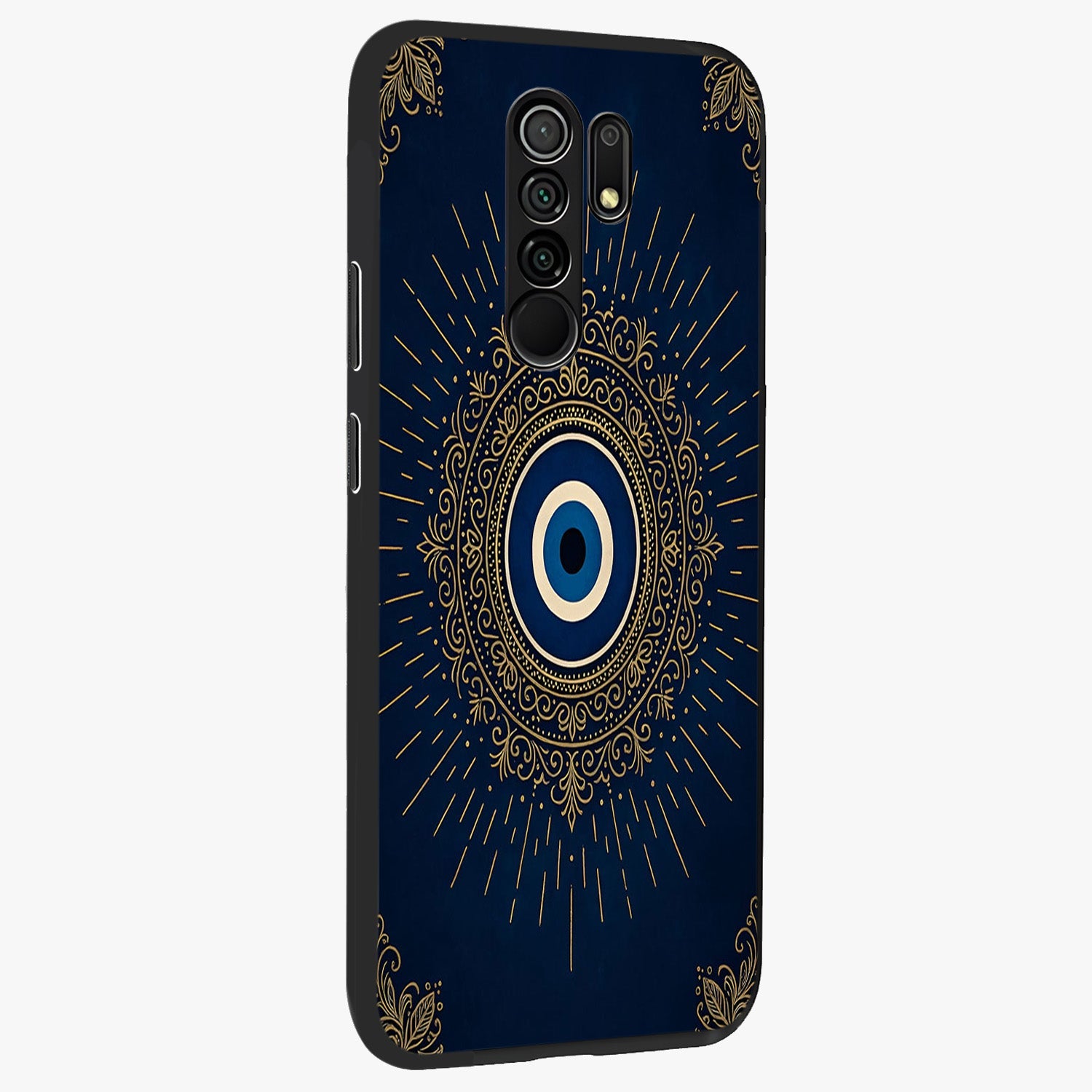 Golden Celestial Charm Glass Case upright view showcasing radiant celestial artwork with elegant golden theme.