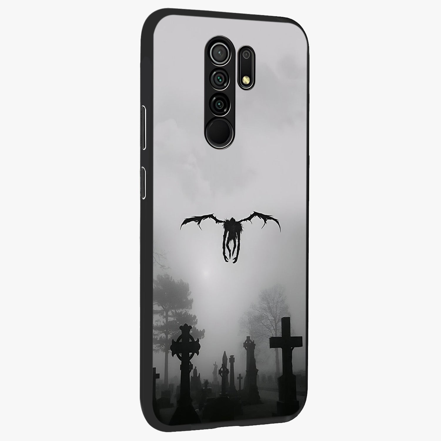 Graveyard Shadow Descent Glass Case upright view showcasing haunting graveyard artwork with dramatic dark theme.