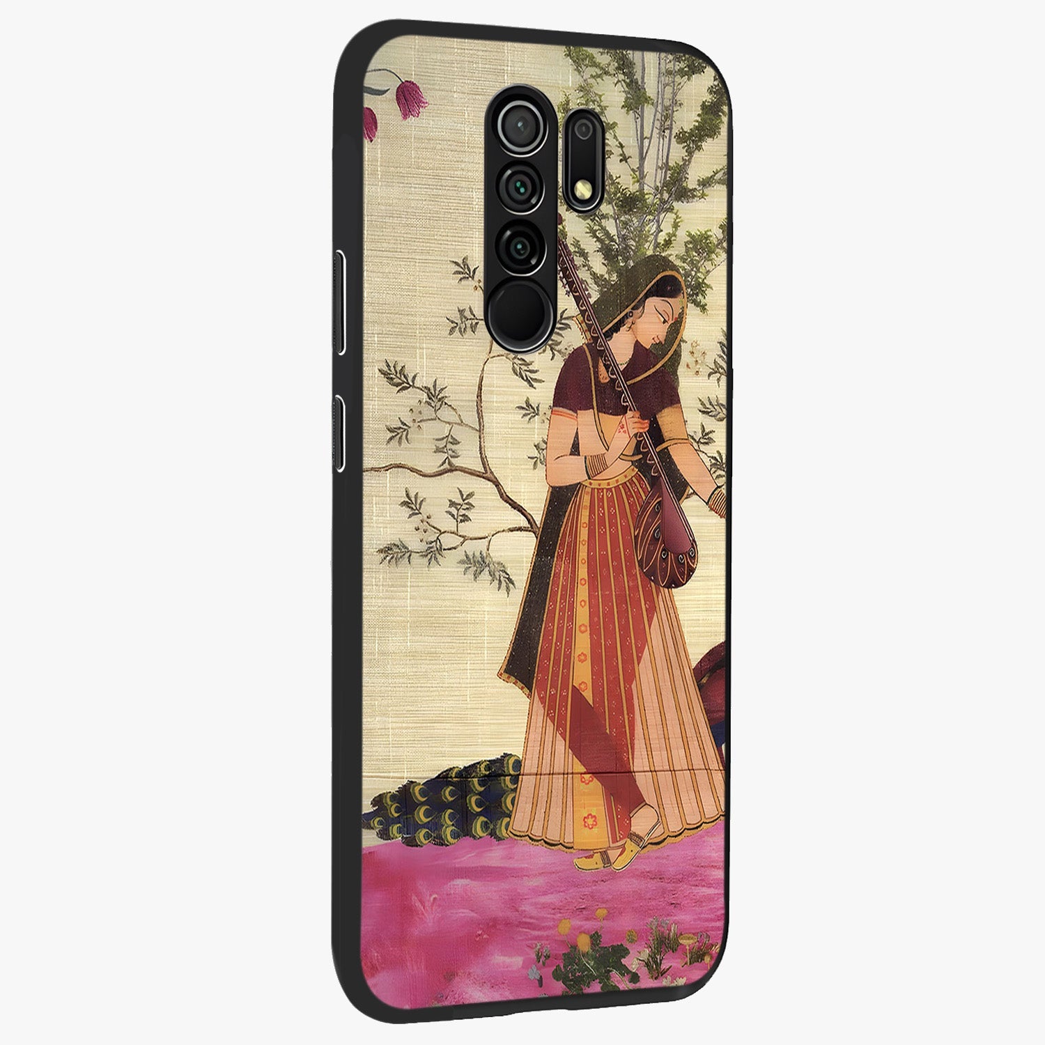 Lady With Veena Art Glass Case upright view showcasing classical veena artwork with traditional artistic theme.