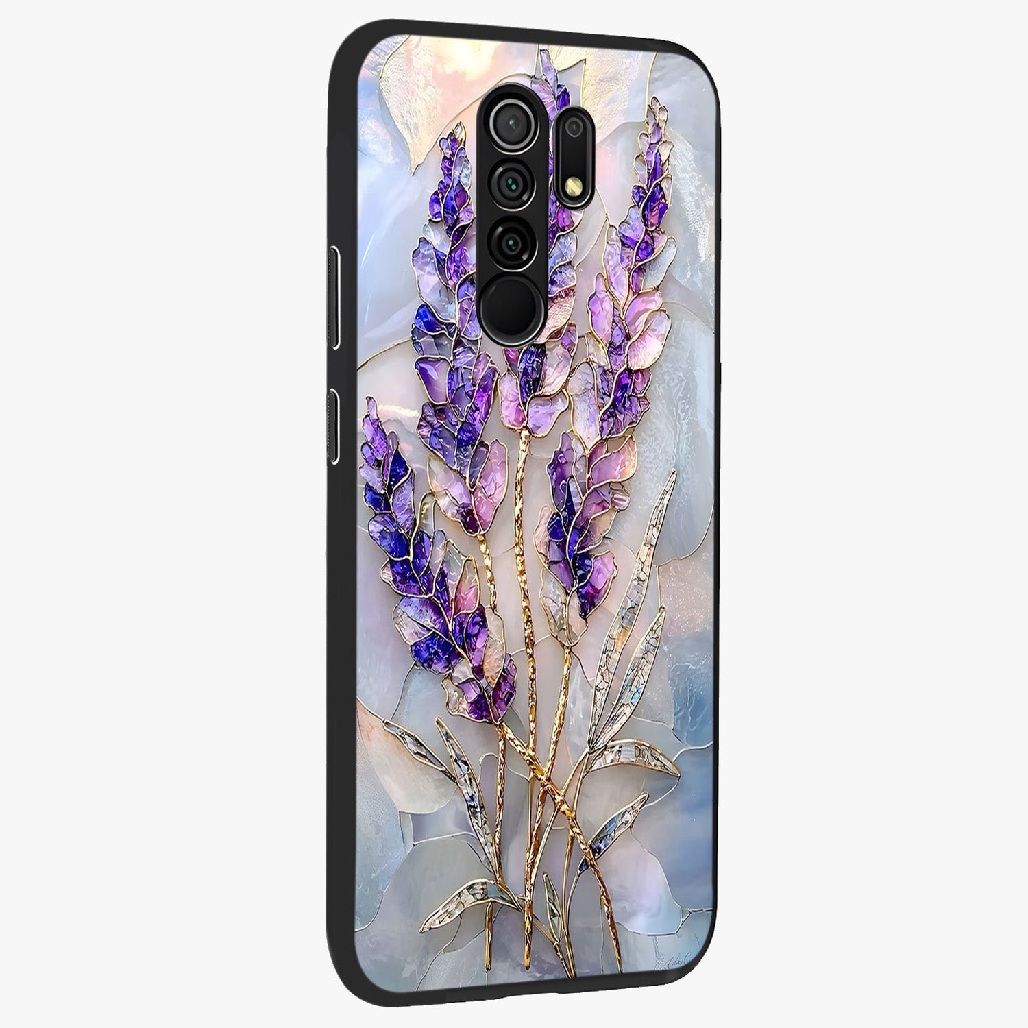Lavender Dream Glow Glass Case upright view showcasing radiant lavender glow artwork with calming dreamy theme.