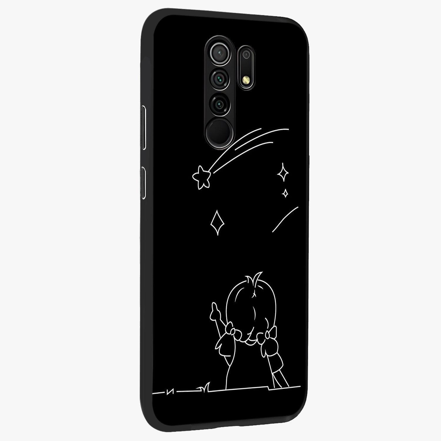 Line Art Girl With Shooting Stars Glass Case upright view showcasing delicate shooting stars artwork with minimal artistic theme.