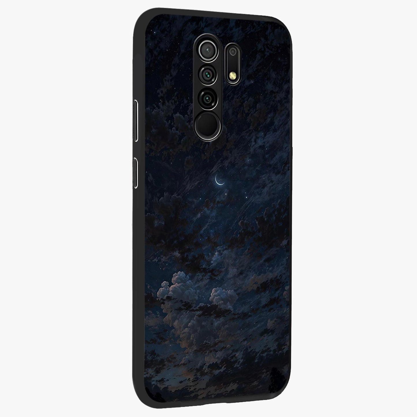 Lunar Veil Silence Glass Case upright view showcasing calm moon themed artwork with serene night atmosphere.