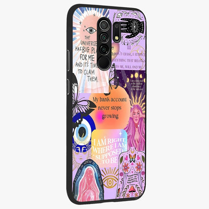 Manifestation Collage Glass Case upright view showcasing artistic manifestation themed artwork with creative style.