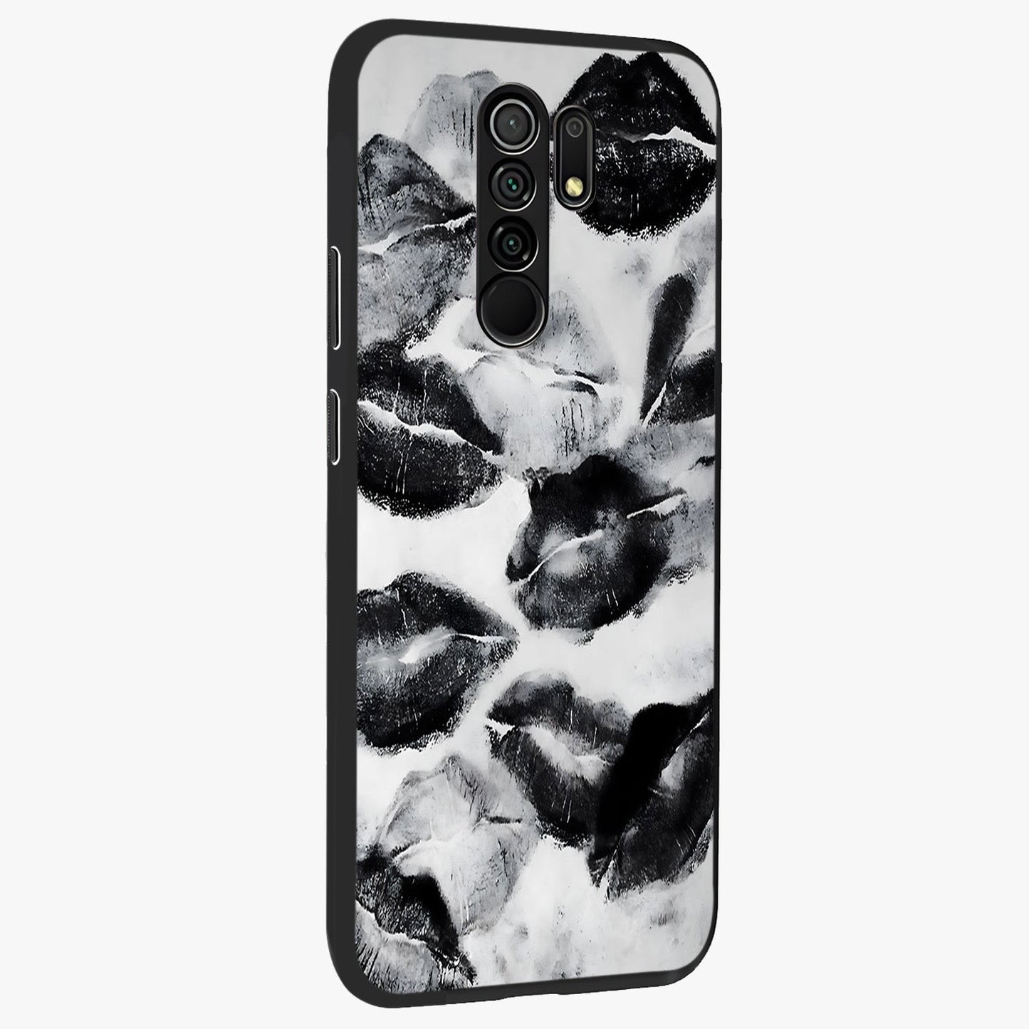 Midnight Kiss Marks Glass Case upright view showcasing stylish kiss mark artwork with trendy romantic theme.