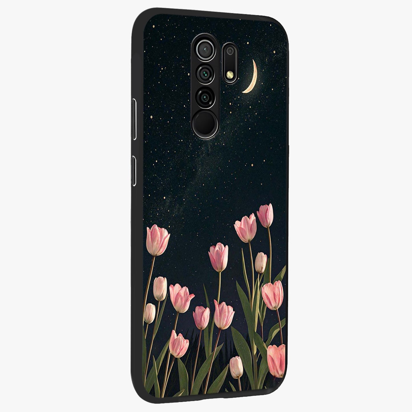 Midnight Tulip Whispers Vibe Glass Case upright view showcasing graceful tulip artwork with calm botanical theme.