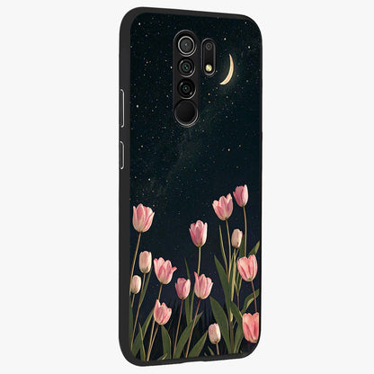 Midnight Tulip Whispers Vibe Glass Case upright view showcasing graceful tulip artwork with calm botanical theme.