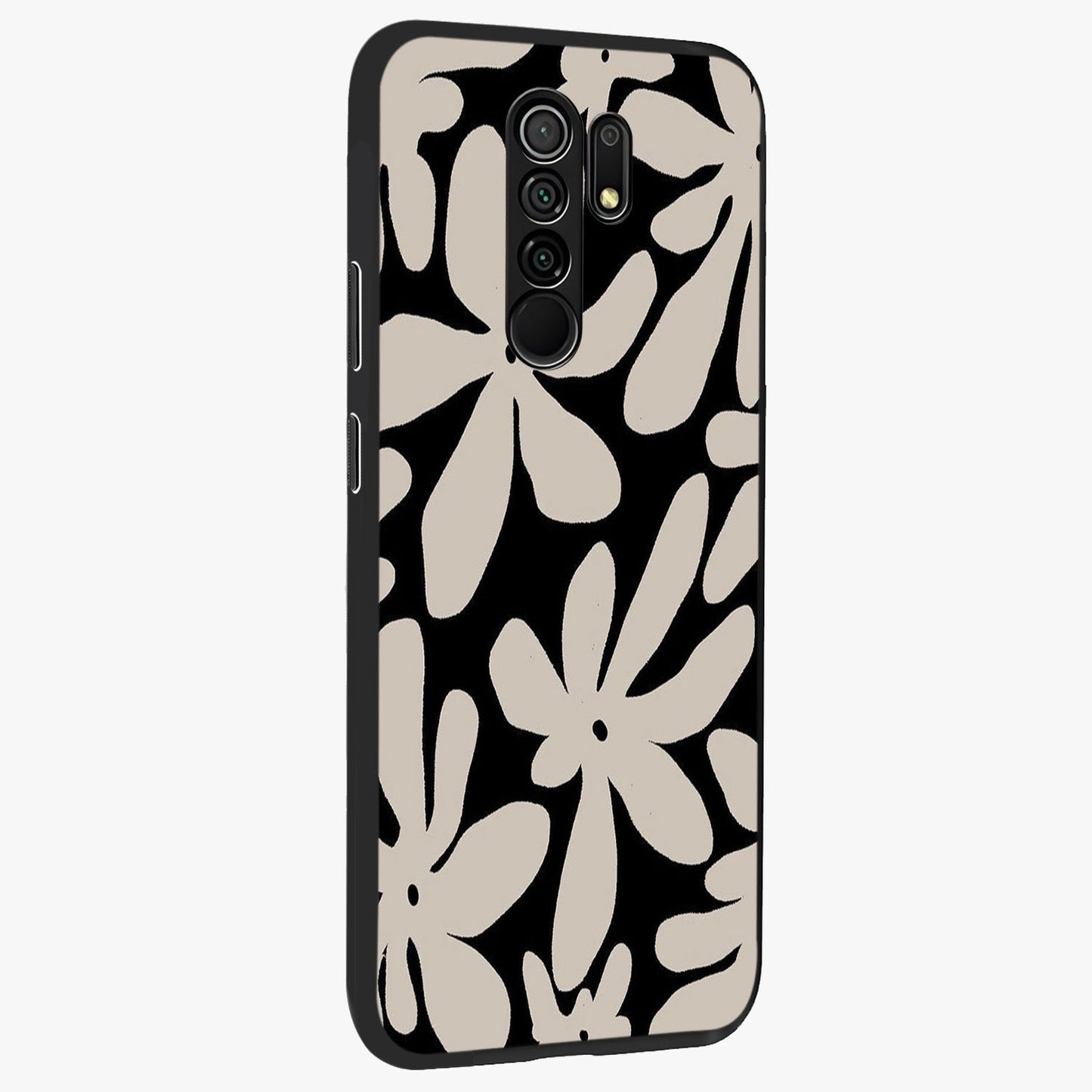 Monochrome Petal Dance Glass Case upright view showcasing artistic floral pattern with stylish monochrome theme.