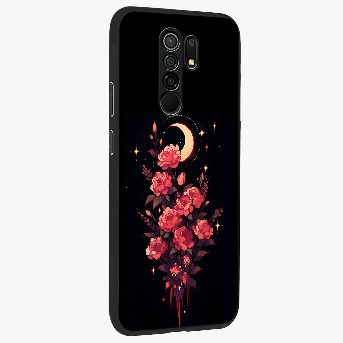 Moonlit Floral Elegance Glass Case upright view showcasing delicate floral artwork with refined night inspired theme.