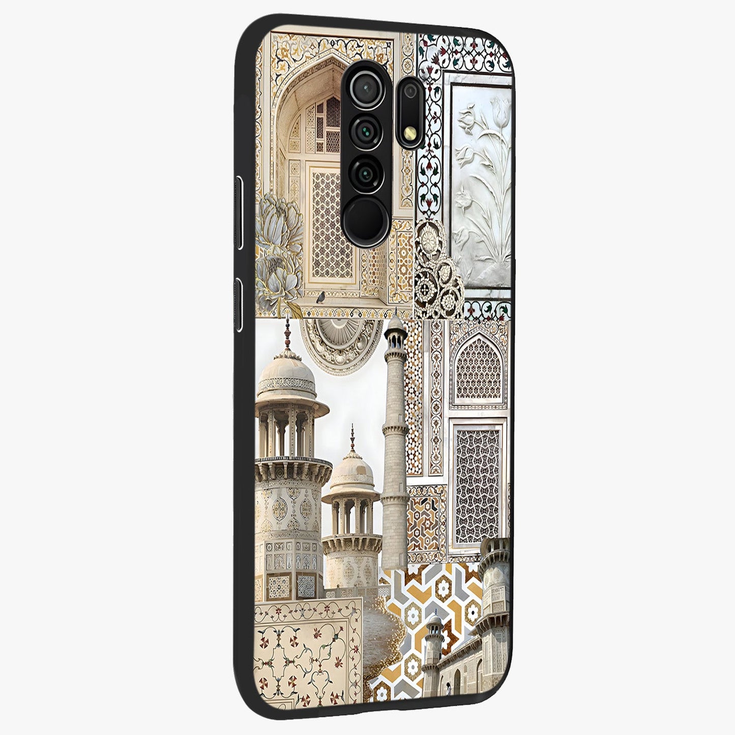 Mughal Marble Legacy Glass Case upright view showcasing ornate Mughal design with luxurious traditional theme.