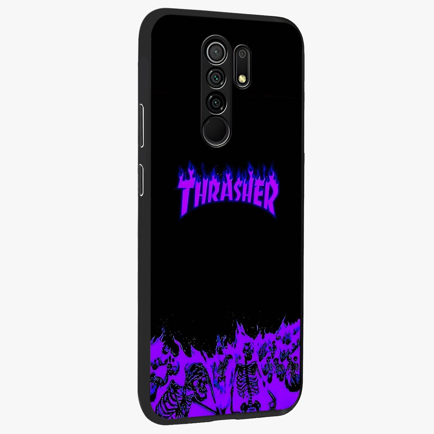 Neon Flame Riot Glass Case upright view showcasing dynamic flame artwork with energetic neon theme.