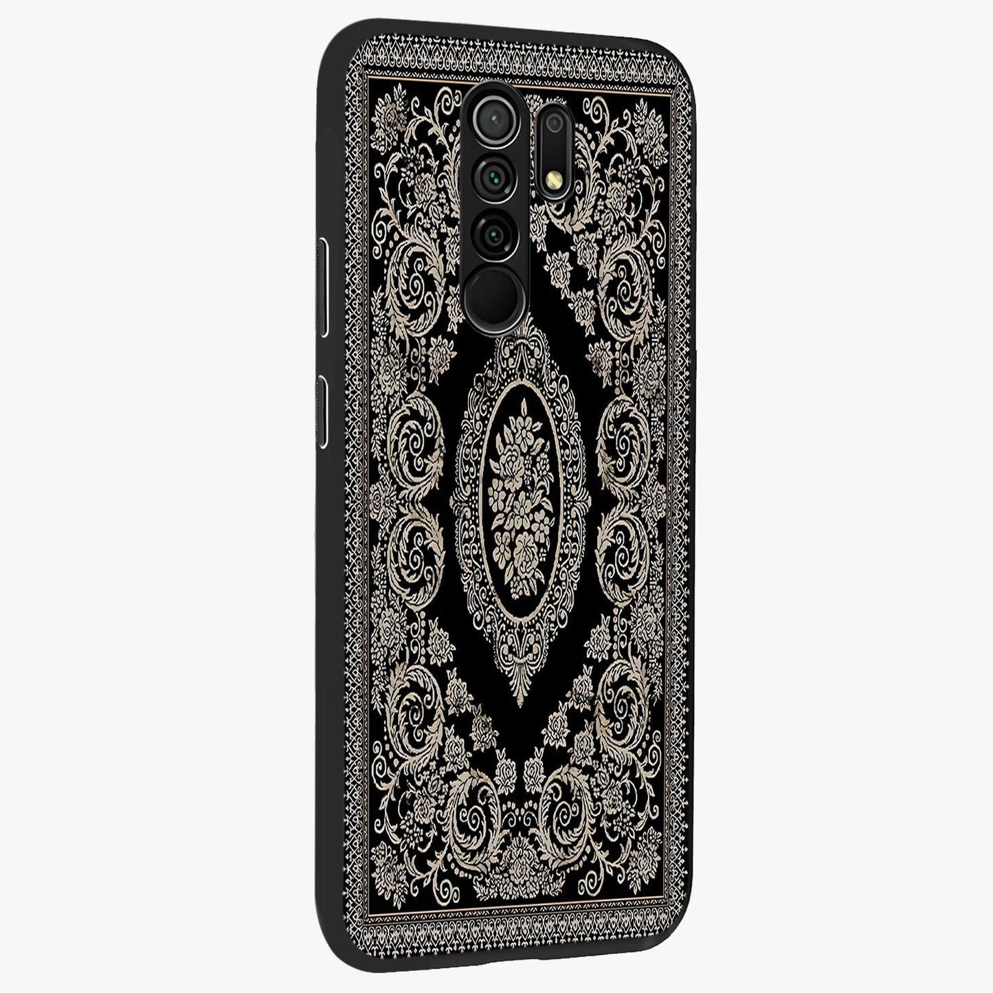 Noir Bloom Elegance Glass Case upright view showcasing graceful floral artwork with luxurious dark theme.
