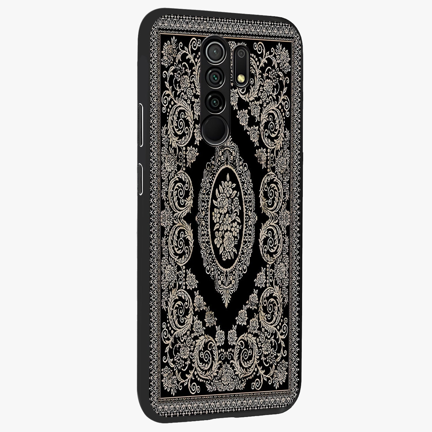 Noir Bloom Elegance Glass Case upright view showcasing graceful floral artwork with luxurious dark theme.