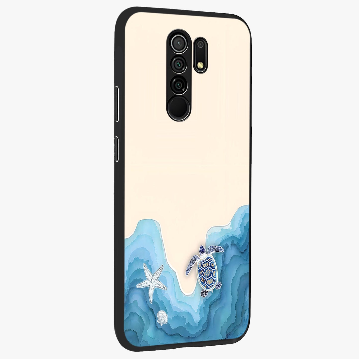 Ocean Drift Turtle Glass Case upright view showcasing calm underwater turtle artwork with nature inspired theme.