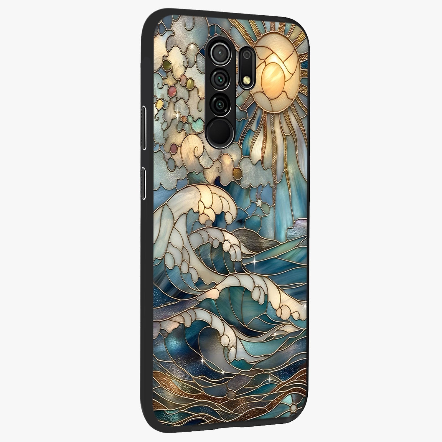 Oceanic Stained Printed Glass Case upright view showcasing decorative ocean pattern artwork with vibrant marine theme.