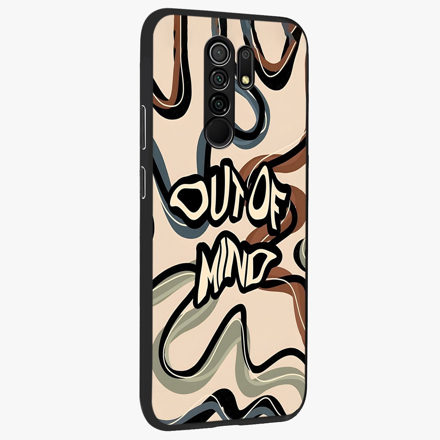 Out Of Mind Glass Case upright view showcasing striking typography artwork with edgy conceptual theme.