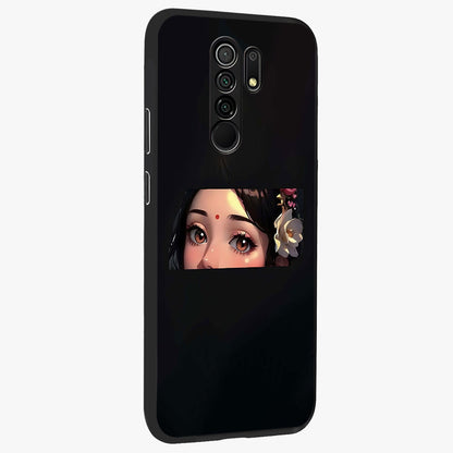 Radha Divine Embrace Glass Case upright view showcasing sacred Radha themed artwork with peaceful devotional style.
