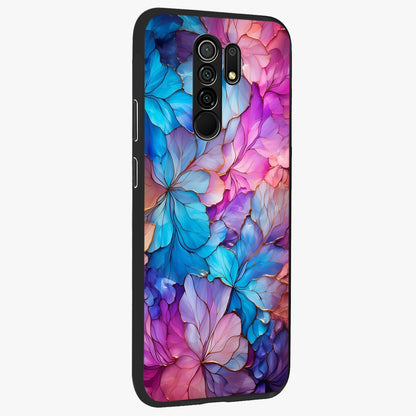 Radiant Floral Whirl Glass Case upright view showcasing lively floral artwork with decorative swirl theme.