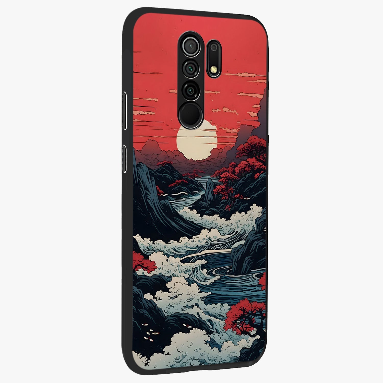 Red Sunset Scenery Glass Case upright view showcasing dramatic sunset scenery artwork with warm nature theme.