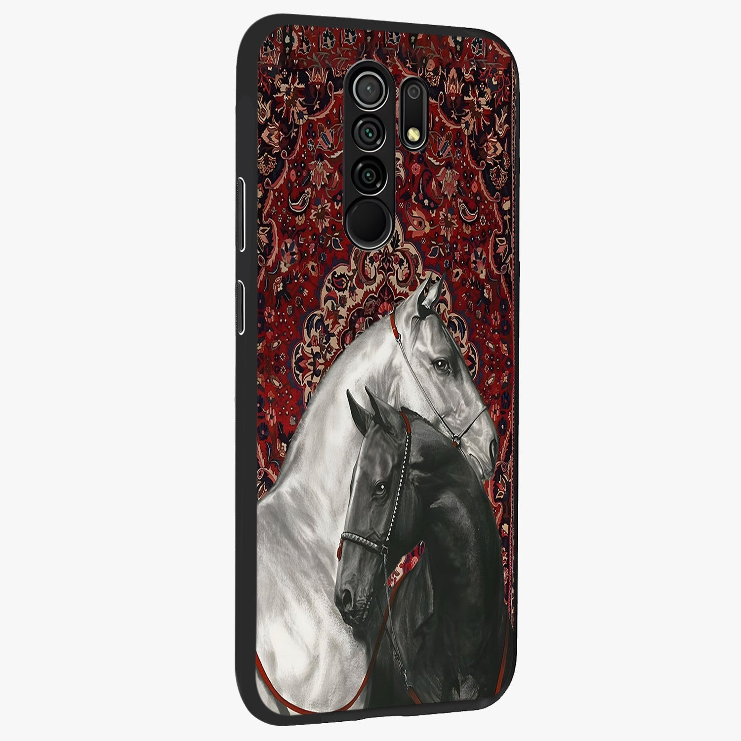 Regal Stallion Tapestry Glass Case upright view showcasing powerful horse artwork with elegant tapestry theme.