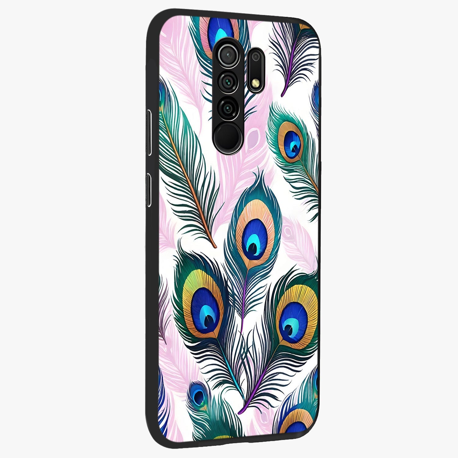 Royal Peacock Feathers Glass Case upright view showcasing elegant peacock feather artwork with decorative royal theme.