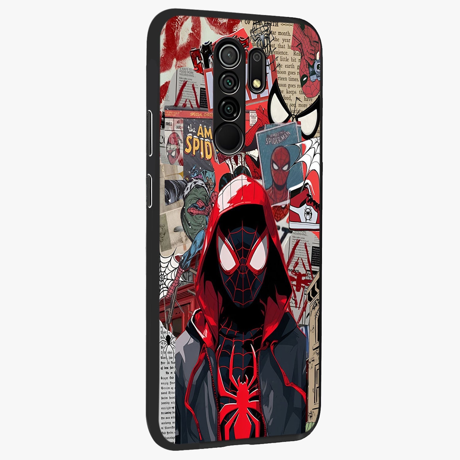 Spider Collage Street Glass Case upright view showcasing bold superhero artwork with urban street theme.
