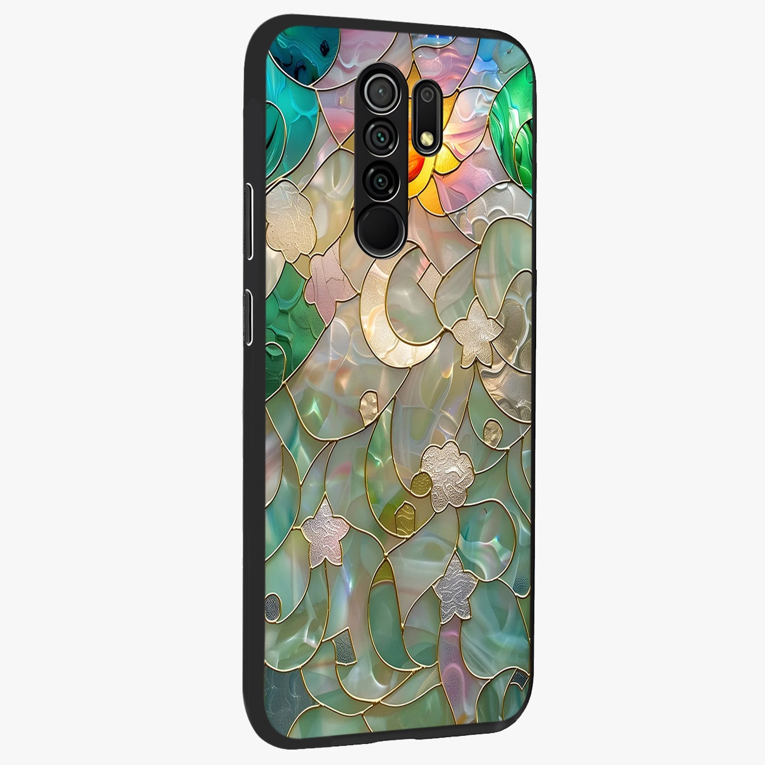 Stained Sunrise Glow Glass Case upright view showcasing colorful sunrise artwork with warm morning theme.