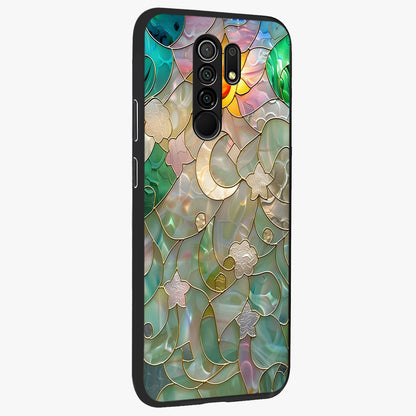 Stained Sunrise Glow Glass Case upright view showcasing colorful sunrise artwork with warm morning theme.